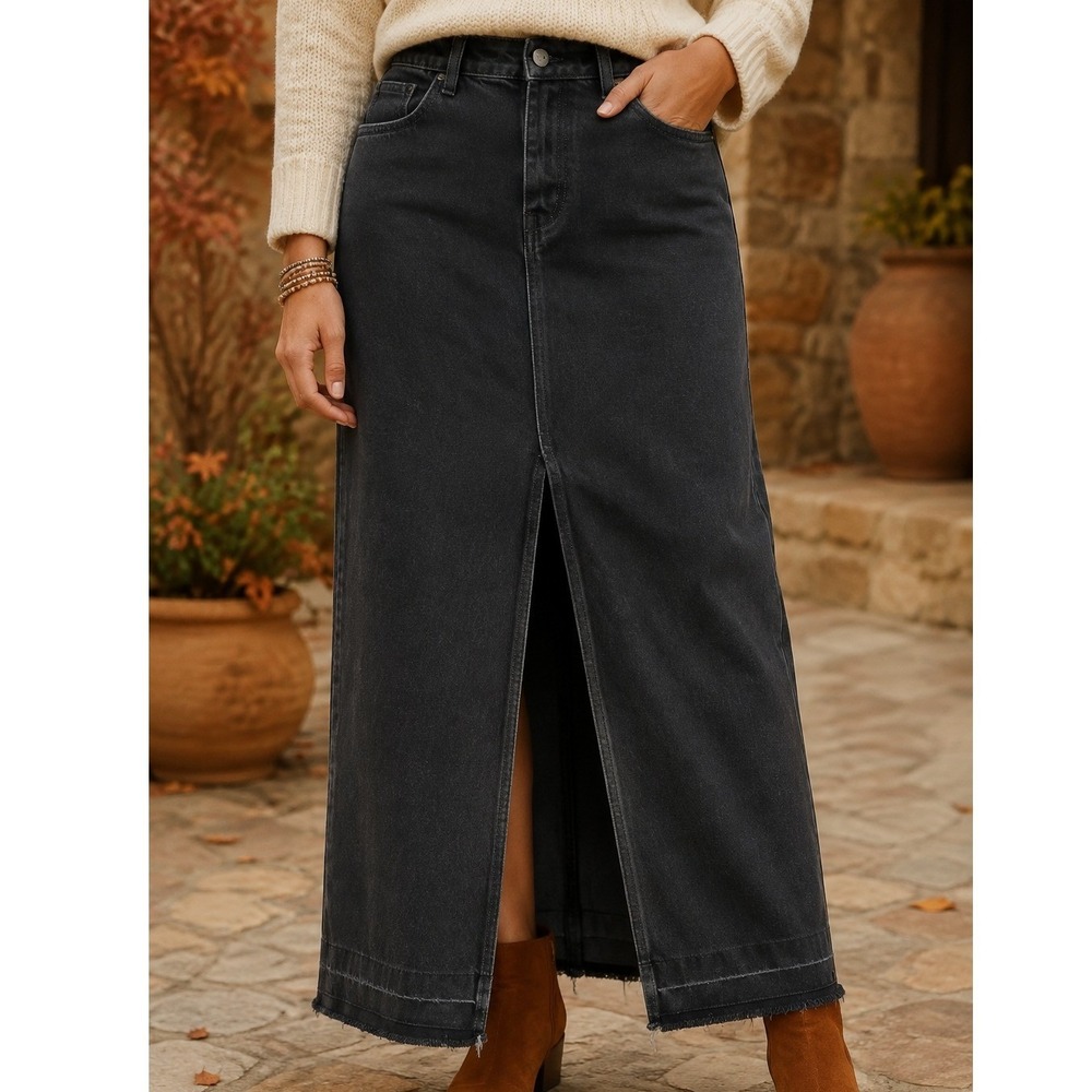 BDG Urban Outfitters Black Denim Maxi Skirt High Slit Raw Hem Size M festival